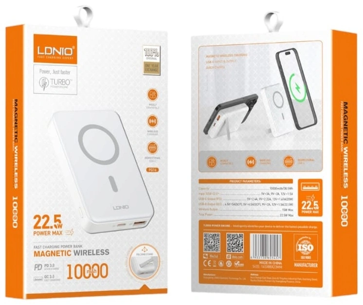 Внешний аккумулятор с возможностью беспроводной зарядки LDNIO PQ16 10000mAh Magnetic Wireless Power Bank, Белый. Фото 3