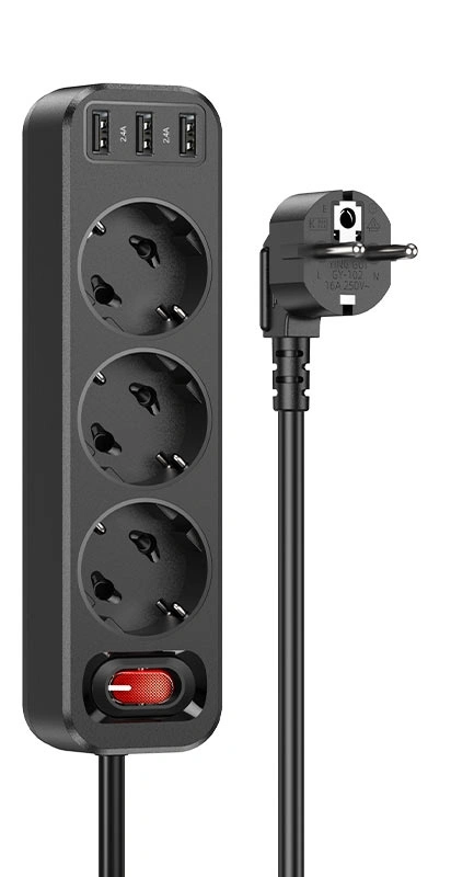 Сетевой фильтр Hoco NS2 3 USB + 3 Bit 1.8м, Чёрный. Фото 1