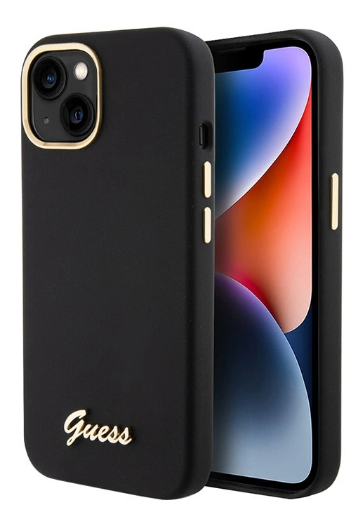 Накладка Guess для iPhone 15 Liquid silicone Gold metal logo & Camera frame Hard, Black (GUHCP15SSMBSLK). Фото 1
