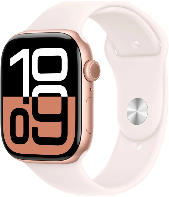 Apple Watch Series 10, 46 мм, алюминий цвета "розовое золото", спортивный ремешок цвета "Light Blush", S/M (MWWT3). Фото 1