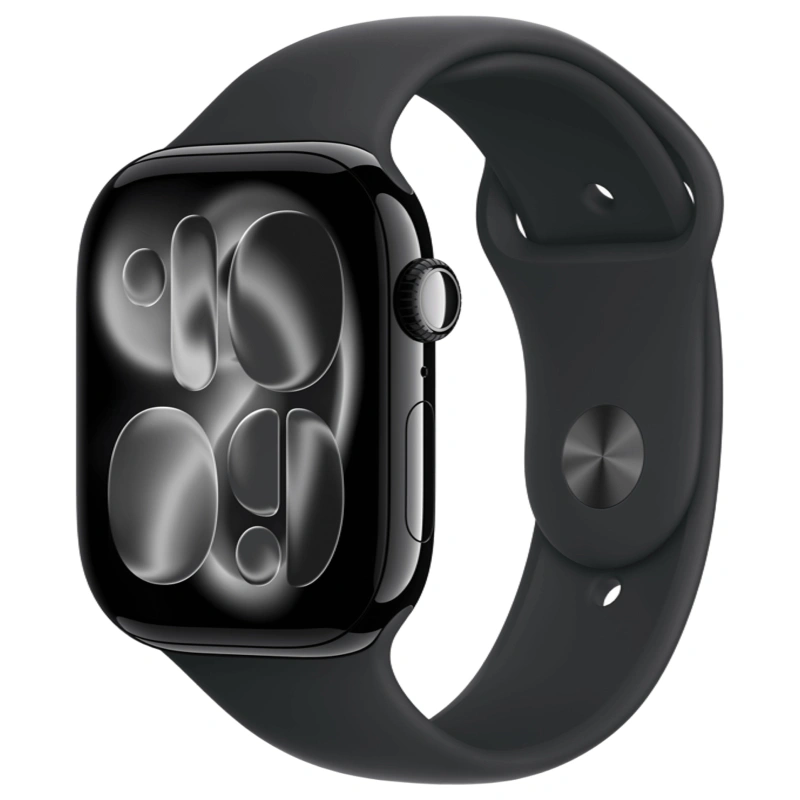 Apple Watch Series 11, 42 мм, алюминий цвета «Jet Black», спортивный ремешок "Black", M/L (MEQU4). Фото 1