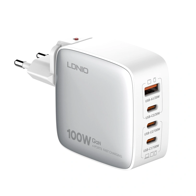 Сетевое зарядное устройство LDNIO Q408 100W GaN Supper Fast Charger, US/UK/EU Plug, 1xUSB-A + 3xUSB-C, Белое. Фото 1