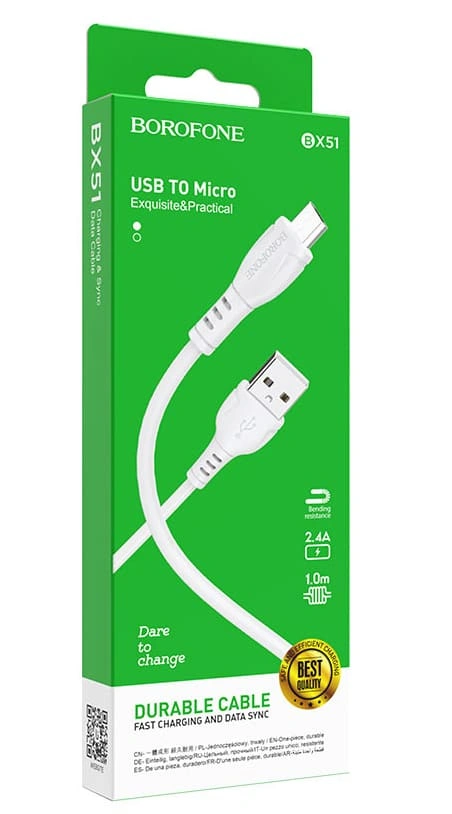 Кабель Borofone BX51 Triumph USB For Micro 1м, Белый. Фото 3
