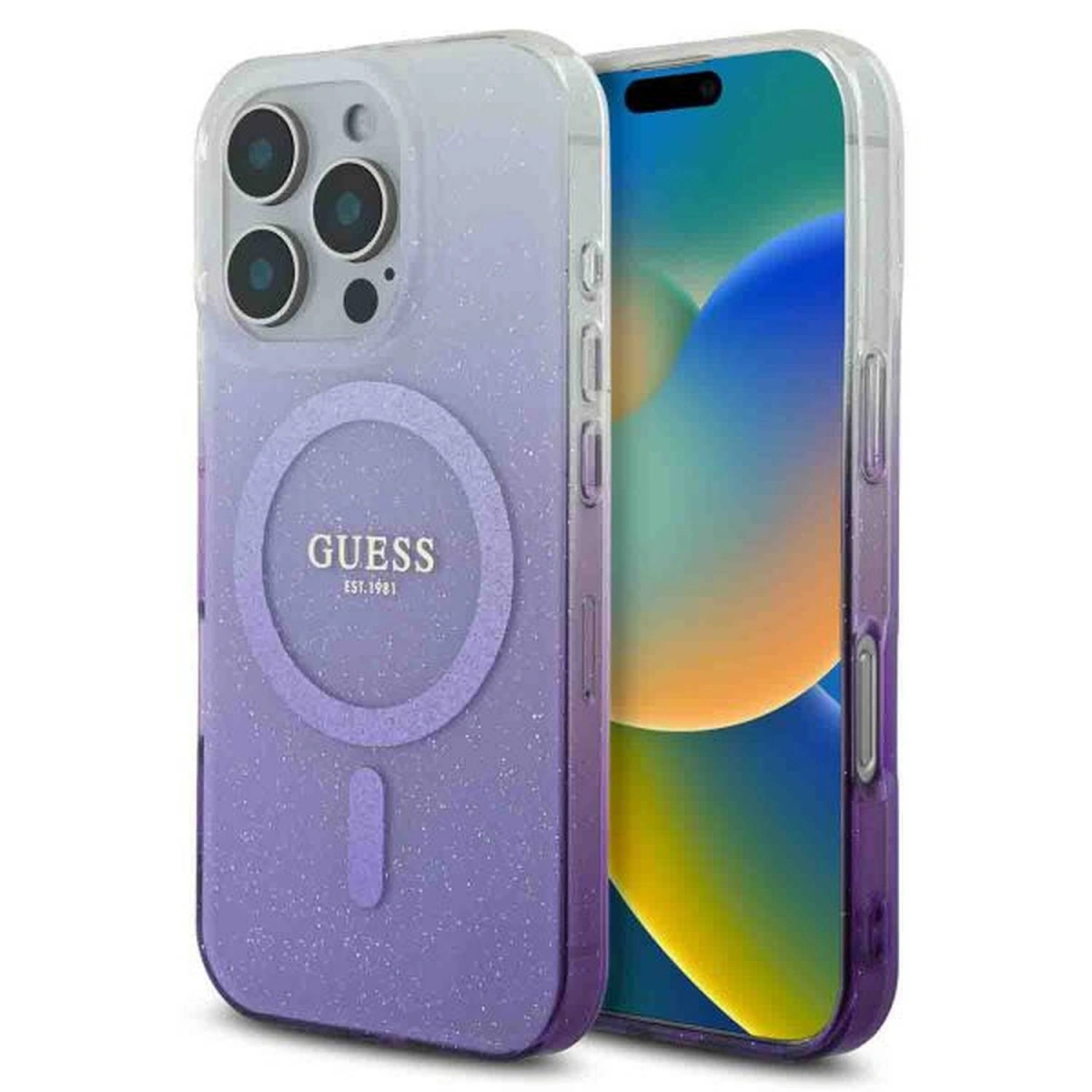 Накладка Guess для iPhone 16 Pro Max PC/TPU Glitter Hard Gradient Purple (MagSafe), Purple (GUHMP16XHGRCELU). Фото 1