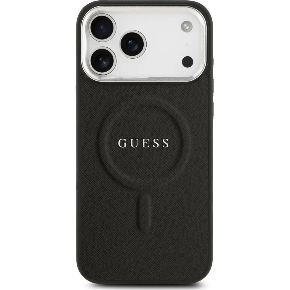 Накладка Guess для iPhone 17 Pro Max PU Grained leather Classic metal logo & Cam (MagSafe), Чёрная (GUHMP17XPSAREGSK). Фото 4