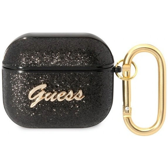 Чехол с карабином Guess Glitter flakes Metal logo для AirPods 3, Black (GUA3HGGSHK). Фото 1