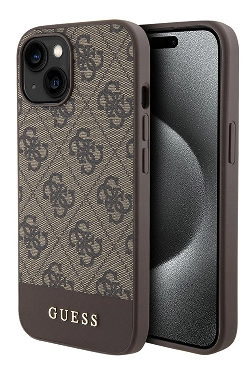 Накладка Guess для iPhone 15 PU 4G Bottom stripe Metal logo Hard (MagSafe), Brown (GUHMP15SG4GLBR). Фото 1
