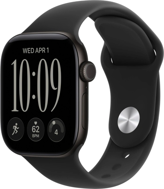 Умные часы Apple Watch Series 12 GPS, 42мм, Чёрный алюминиевый корпус, спортивный ремешок чёрного цвета, размер M/L 150-200 мм (MJEC4). Фото 1