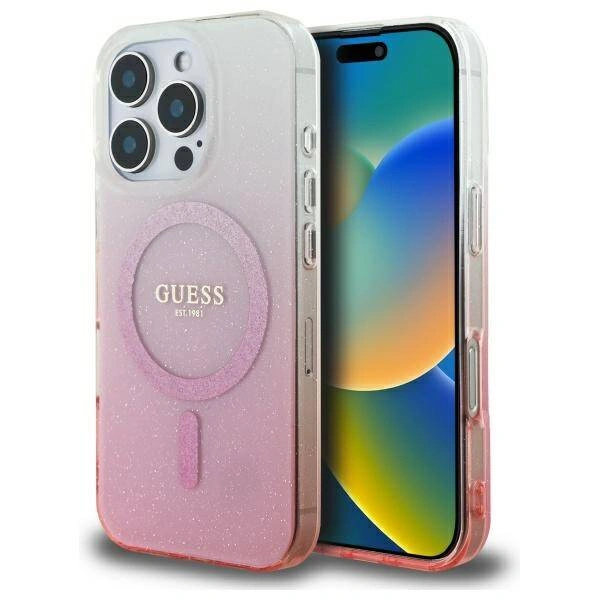Накладка Guess для iPhone 16 Pro Max PC/TPU Glitter Hard Gradient (MagSafe), Pink (GUHMP16XHGRCELP). Фото 1
