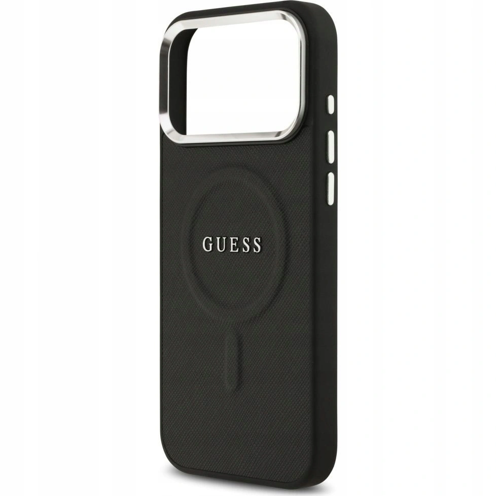 Накладка Guess для iPhone 17 Pro Max PU Grained leather Classic metal logo & Cam (MagSafe), Чёрная (GUHMP17XPSAREGSK). Фото 3