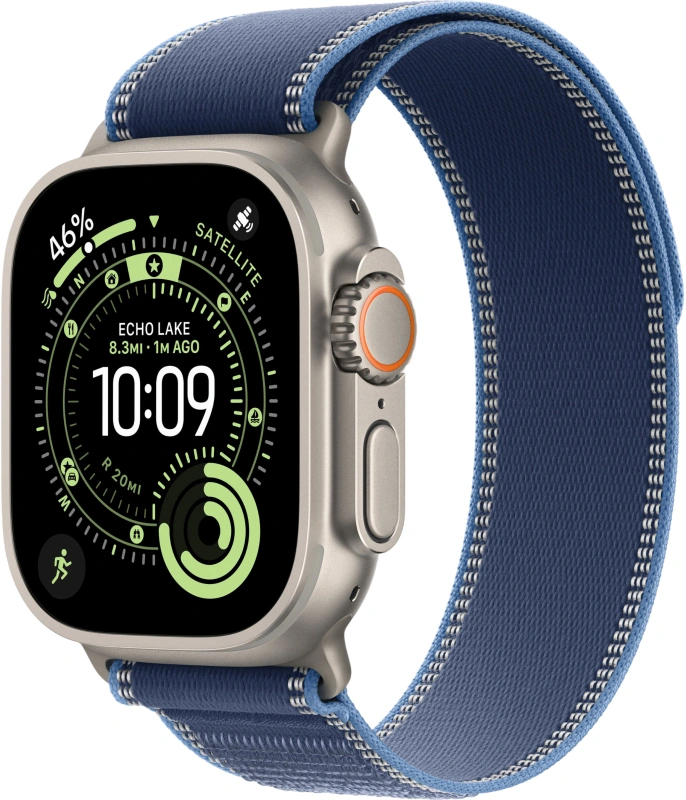 Apple Watch Ultra 3 (2025) GPS+Cellular 49mm, Natural Titanium ремешок "Blue/Bright Blue Trail Loop" S/M 130-180 mm (MEWR4). Фото 1