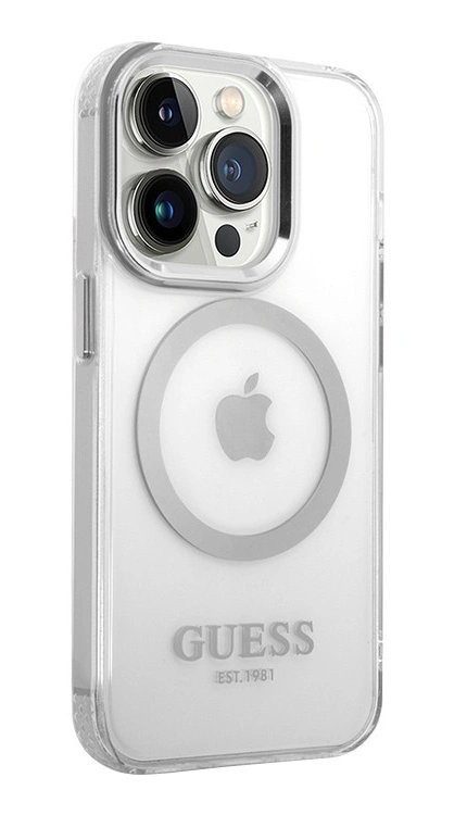 Накладка Guess для iPhone 15 Pro PC/TPU Metal outline Hard (MagSafe), Transparent/Silver (GUHMP15LHTRMS). Фото 2