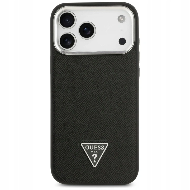 Накладка Guess для iPhone 17 Pro Max PU Grained leather Triangle metal logo & Cam (MagSafe), Чёрная (GUHMP17XPGTSPSK). Фото 3