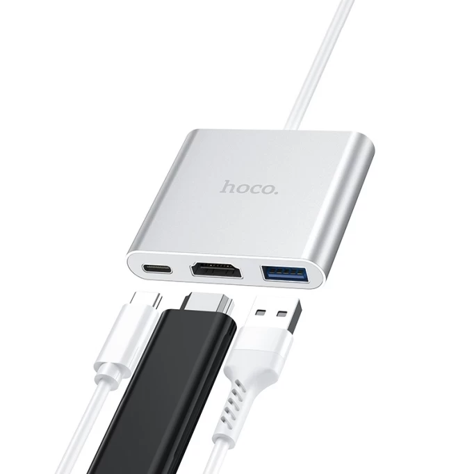 Переходник-хаб Hoco HB14 Easy use Type-C adapter (Type-C to USB3.0+HDMI+PD), Серебро