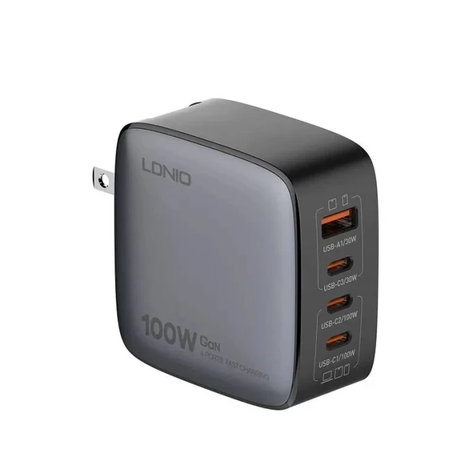 Сетевое зарядное устройство LDNIO Q408 100W GaN Supper Fast Charger, US/UK/EU Plug, 1xUSB-A + 3xUSB-C, Чёрное