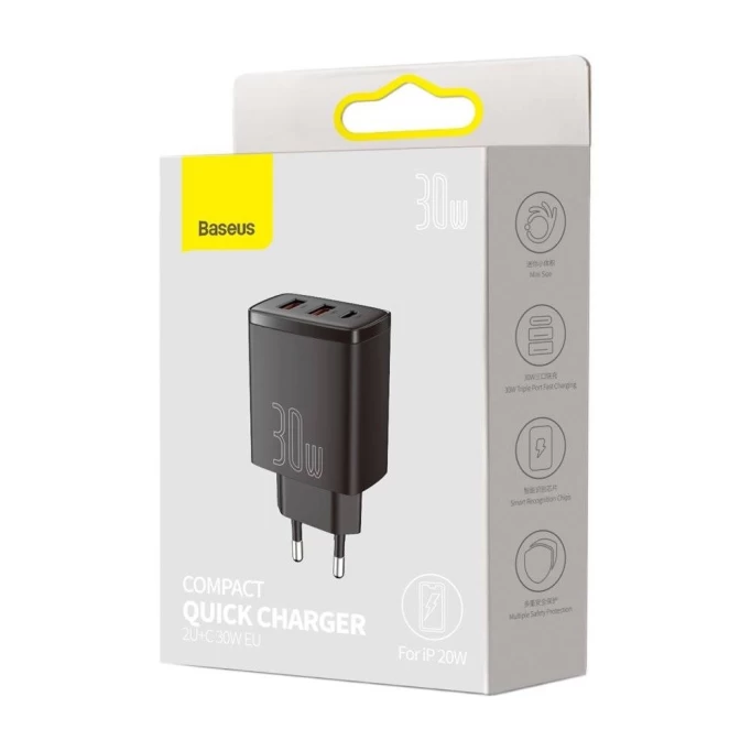 Сетевое зарядное устройство Baseus Compact Quick Charger 2U+C 30W, Чёрное (CCXJ-E01)