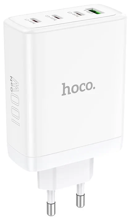 Сетевое зарядное устройство Hoco N31 USB + 3 Type-C, GAN PD 100W, QC 3.0 + USB-C кабель Type-C, 1 м, Белый