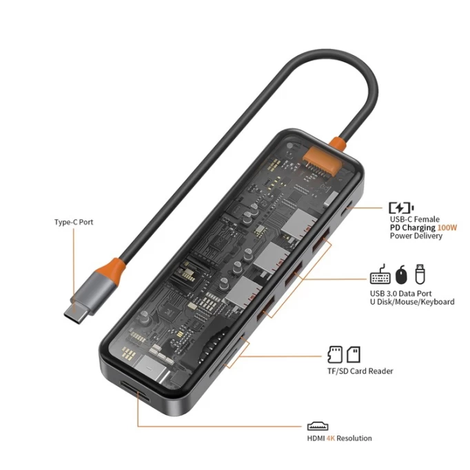 Хаб Wiwu Cyber 7 in 1 CB007 (transparent USB3.0*3+SD/TF(3.0)+HDMI(4K30)+PD)