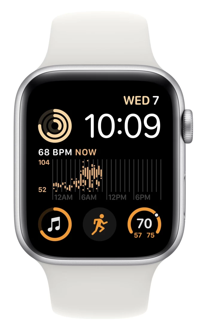 Apple Watch SE 2022, 44 mm, серебристый алюминий, белый спортивный ремешок (MNK23)